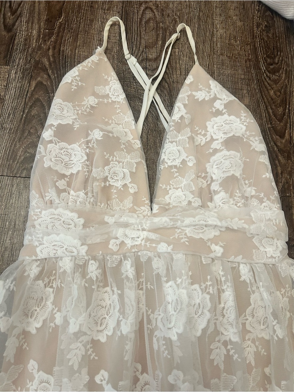 Lulu's White Floral Lace V-Neck Slip Dress with Nude Underlay
